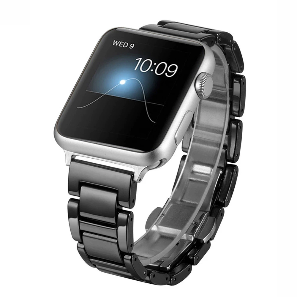Подходящая для Apple Watch трехшариковая керамическая ремешок Apple Watch8 цепь бабочка пряжка на запястье черно-белый