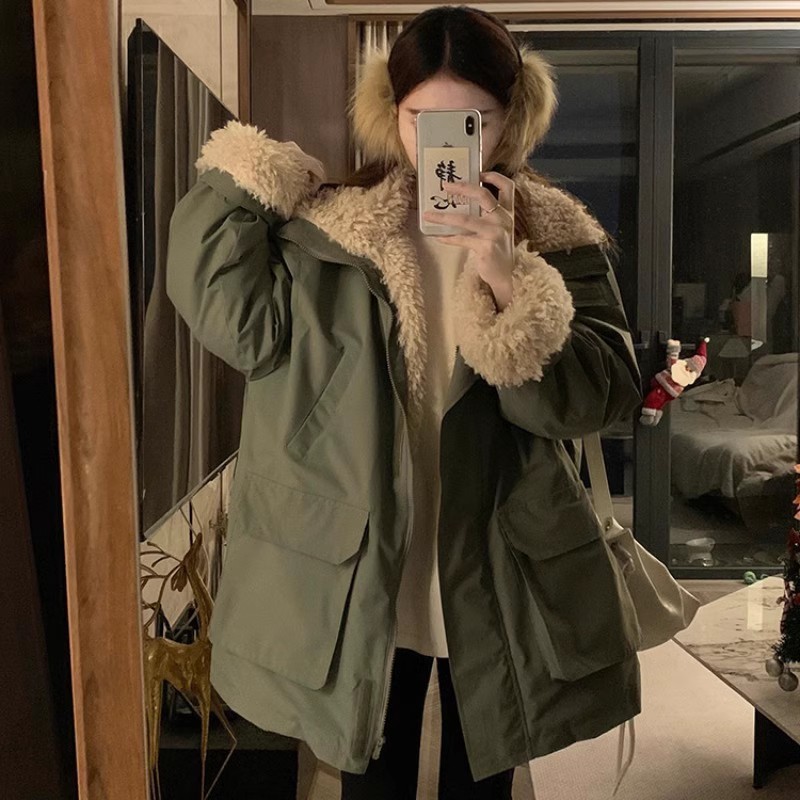 欧货赵露思同款派克服冲锋衣女中长款羊羔绒加绒加厚拼接棉服外套|undefined