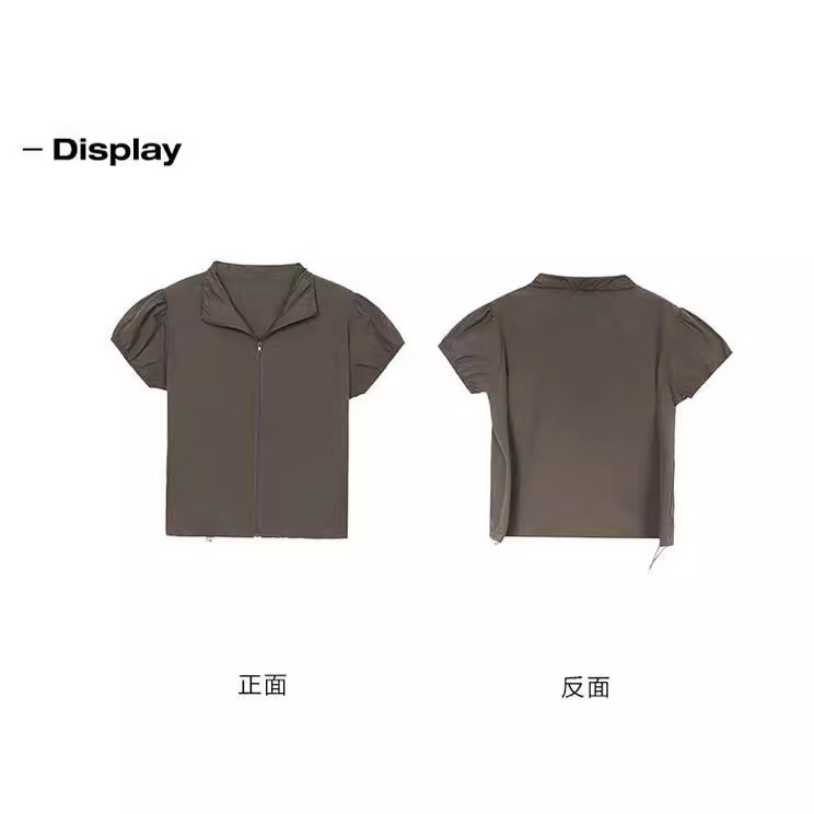 Summer New Vintage Puff Sleeve Zipper Half High Neck Sports Short Sleeve Design Niche Short Sunscreen Top