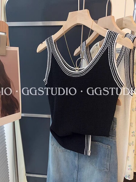 샤넬 스타일 대조 Acetic Acid Camisole 여성용 내복 여름 외부 착용 프랑스 아이스 실크 니트 민소매 탑