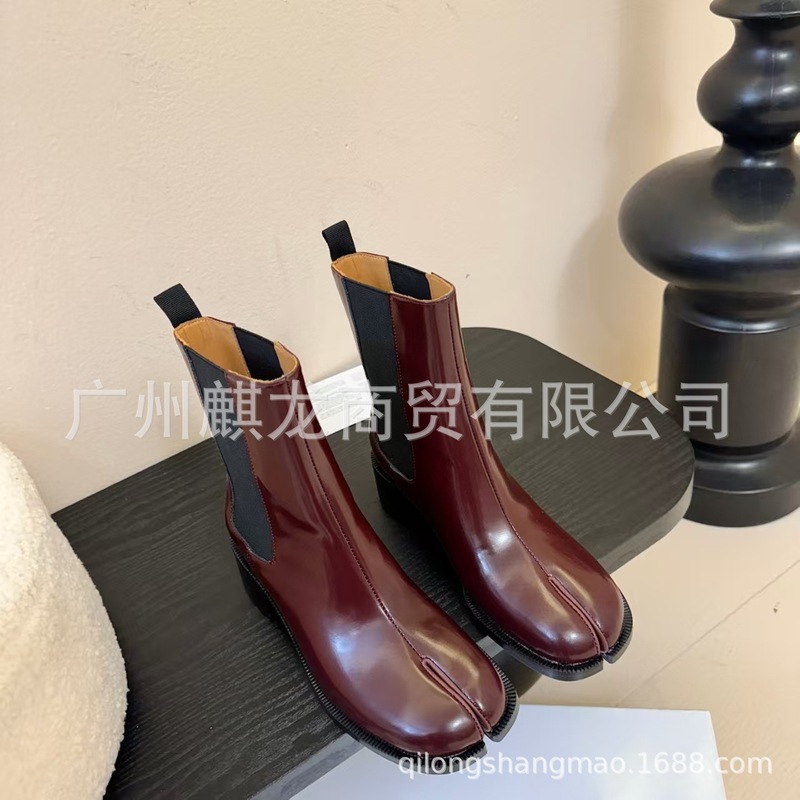 高端2025秋冬真皮复古套筒分趾马丁靴粗跟裸靴时装单靴切尔西靴女|undefined