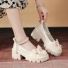 Comfortable footwear English style with bow from pearl platform for leather shoes, 2023 years, trend of season, British style