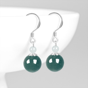 High-grade S925 silver inlaid natural A goods jade blue water round bead earrings ice jade stone fashion women's earrings earrings
