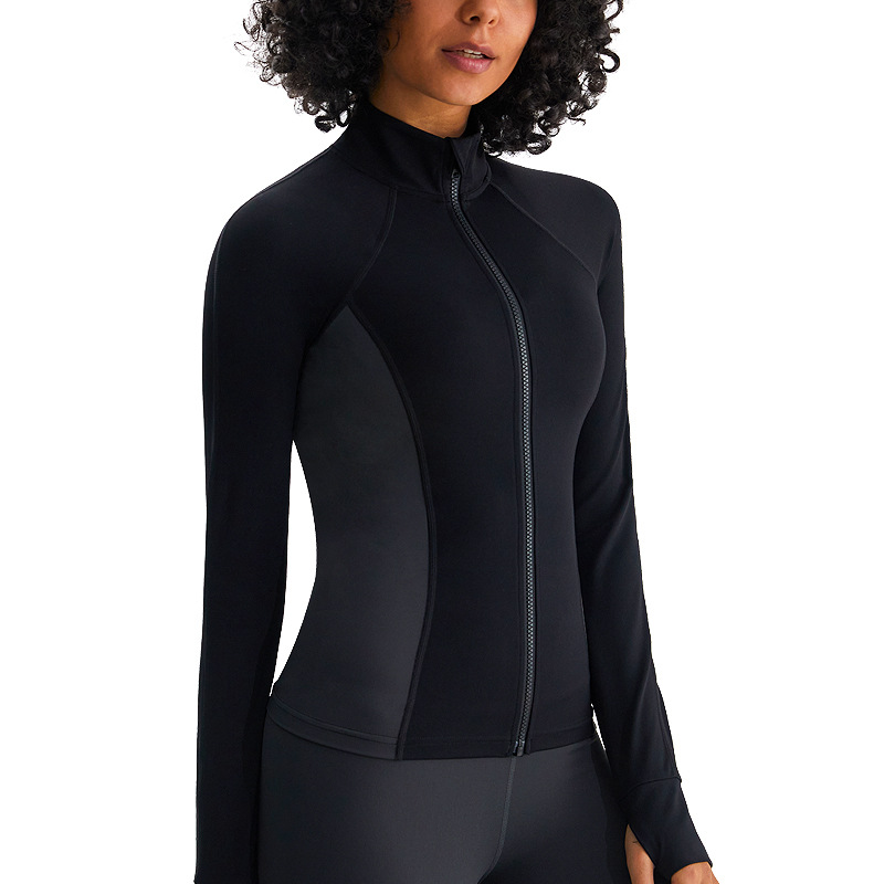 Chaqueta de ropa de yoga cepillada para mujer, delgado y delgado, camisa de cuello alto y fitness a juego