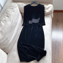 2025设计感 金丝绒复古连衣裙礼服裙 气质短袖长裙批发H07AQ5536