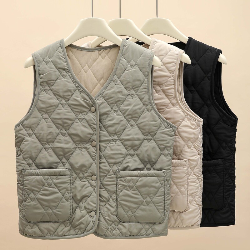 H117 Women's Vest with Pockets, Autumn and Winter Fleece-Lined Warm Vest, Casual Sports Outerwear, Short Style H117 Women's Vest with Pockets, Autumn and Winter Fleece-Lined Warm Vest, Casual Sports Outerwear, Short Style