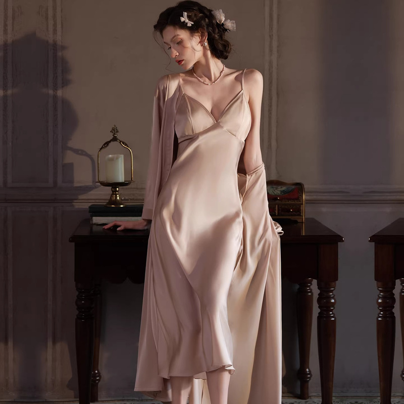 Sexy Ice Silk Pajamas with Chest Pads, Camisole Nightgown, Long Robe, Loungewear, Bridal Morning Robe, 2026 New Model