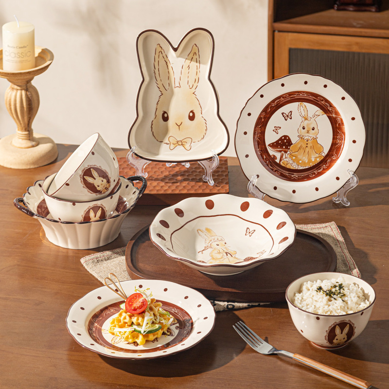 Cartoon Hepburn Rabbit Bowl and Plate Set New Ceramic Tableware for Home Use Housewarming Gift Bowl and Plate Birthday Present