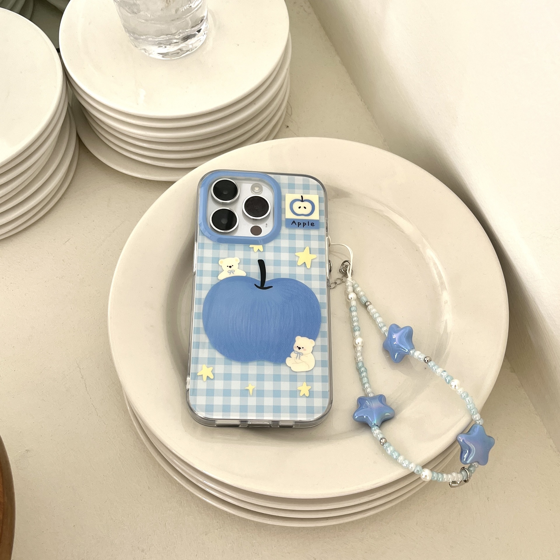 Coreano azul a cuadros Apple Bear para iPhone15Pro Pareja Funda para teléfono móvil 16ProMax Nuevo 14/13