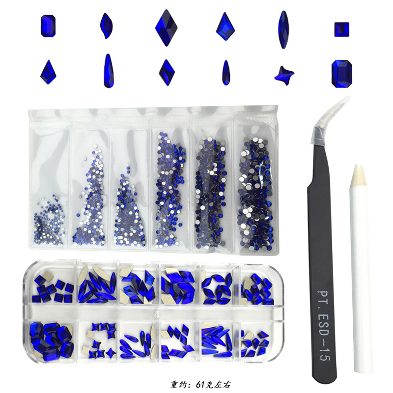Estilo explosivo transfronterizo Juego de diamantes de uñas de 12 cuadrículas Vidrio azul real Diamante de forma especial Joyas de uñas Diamante plano Mezcla al por mayor