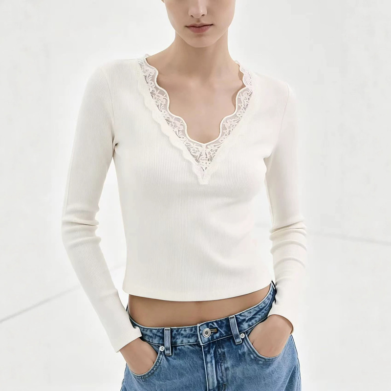 2026 European and American Cross-Border Autumn and Winter New Lace Patchwork V-Neck Pure Desire Style Long-Sleeve T-Shirt for Amazon Independent Sites 2026 European and American Cross-Border Autumn and Winter New Lace Patchwork V-Neck Pure Desire Style Long-Sleeve T-Shirt for Amazon Independent Sites