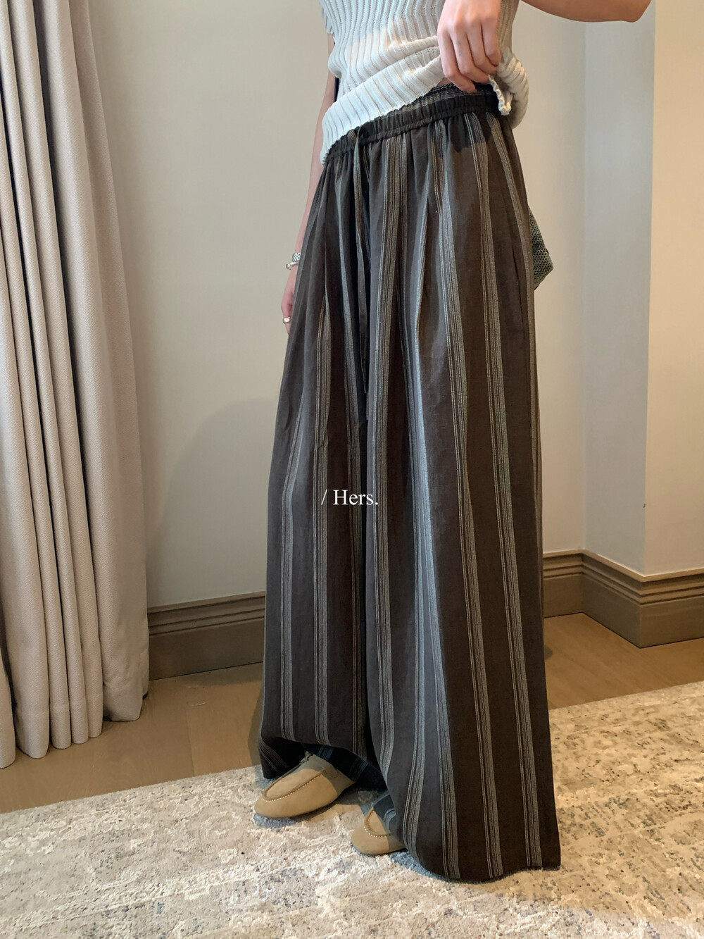 Quần culottes nữ ống rộng cạp cao chun rút dây sọc kẻ chất liệu ramie mùa hè — Màu cà phê, màu mơ chi tiết 32