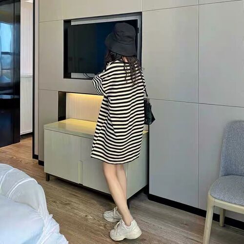 Pregnant women's short sleeve t-shirt summer dress Korean style loose round neck one-piece dress long length large size belly covering black and white striped top