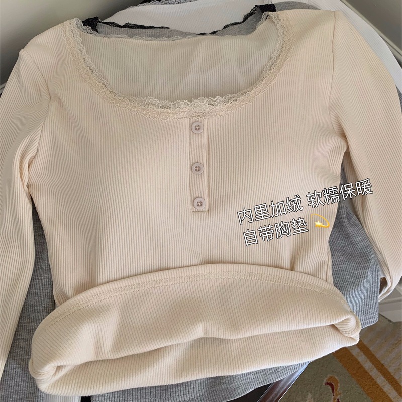 Estilo coreano nicho forro polar camisa de fondo de encaje de otoño e invierno puro deseo slim fit desgaste interior con almohadilla en el pecho superior caliente para las mujeres