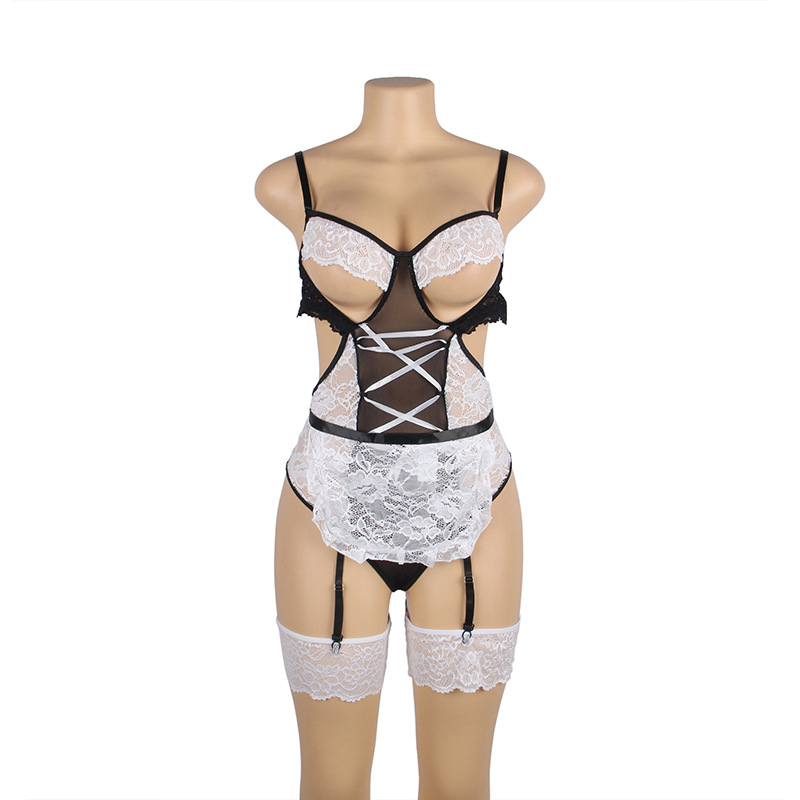 Lencería sexy al por mayor más tamaño europeo y americano camisón Chubby Girl Maid vestido con anillo de pierna encaje traje