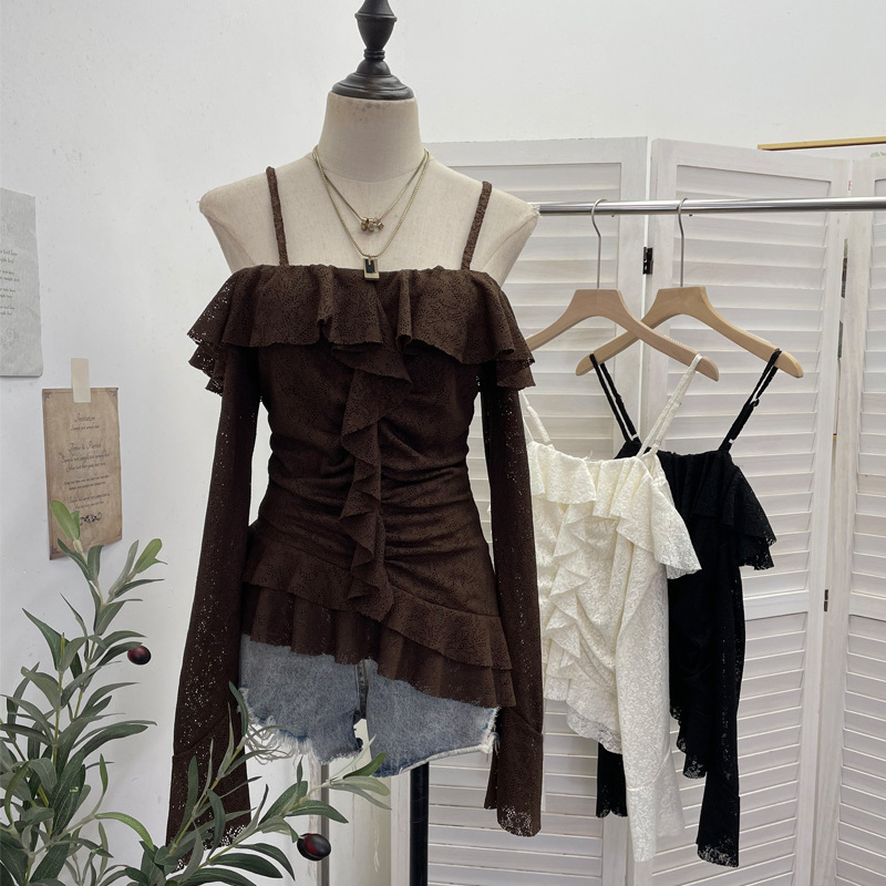 Real shot: Off-shoulder strap long-sleeve top, slim fit, pleated, irregular ruffle lace blouse 1162 Real shot: Off-shoulder strap long-sleeve top, slim fit, pleated, irregular ruffle lace blouse 1162