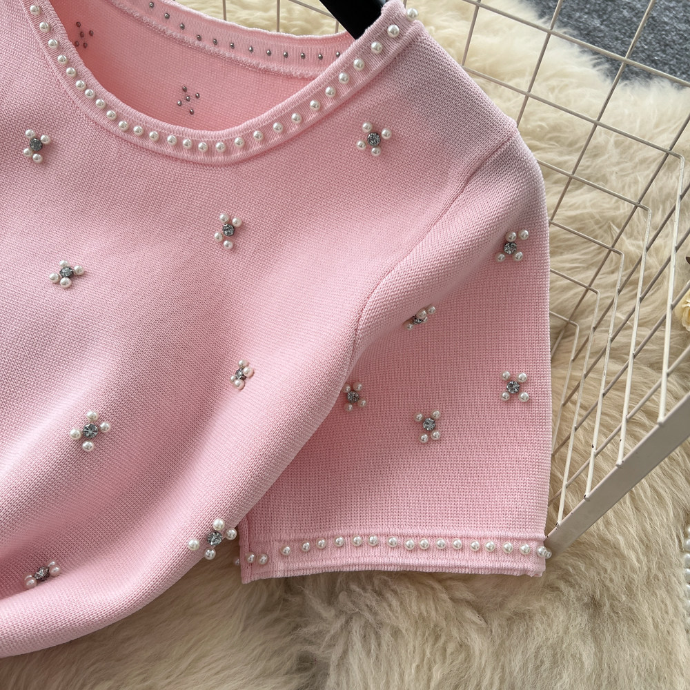 Women's French Style Beaded Short Sleeved Dress Summer Gentle Feminine High Waisted A-Line Skirt Slimming Flattering for Commuting_ecoleips.com