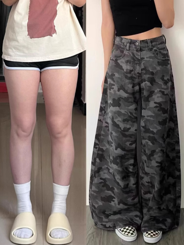 太った女性向けのプラスサイズの迷彩ジーンズ、プラスサイズのハイウエスト、多用途、梨型のボディ、ゆったりとした痩身ストレートワイドレッグパンツ|undefined