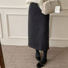 加绒小香2025年亮闪后开叉直筒半身裙女冬新款高腰显瘦中长款直筒