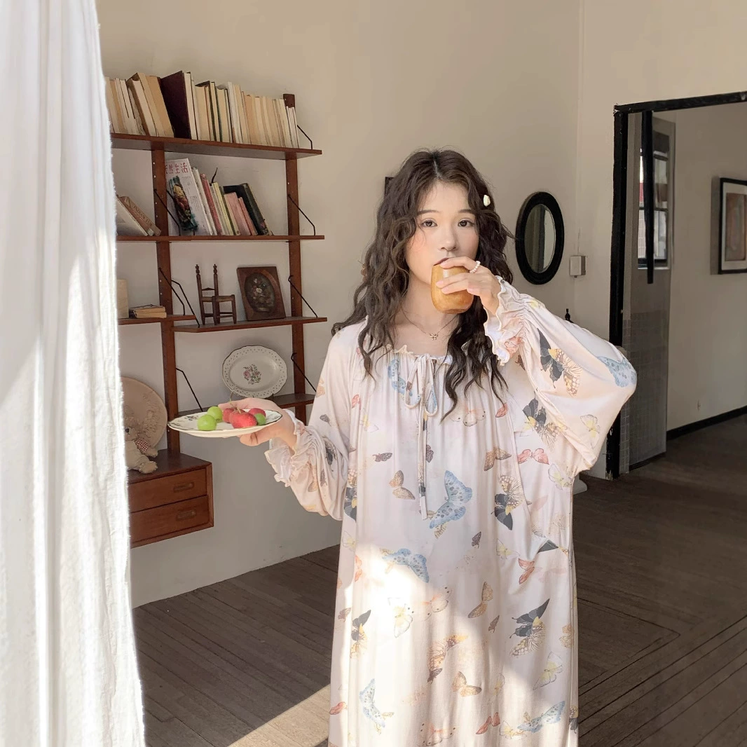 [Готовый товар 88187] Модальное ночное платье для кормящих мам в стиле ретро, ​​весенне-летнее милое платье для беременных с длинными рукавами