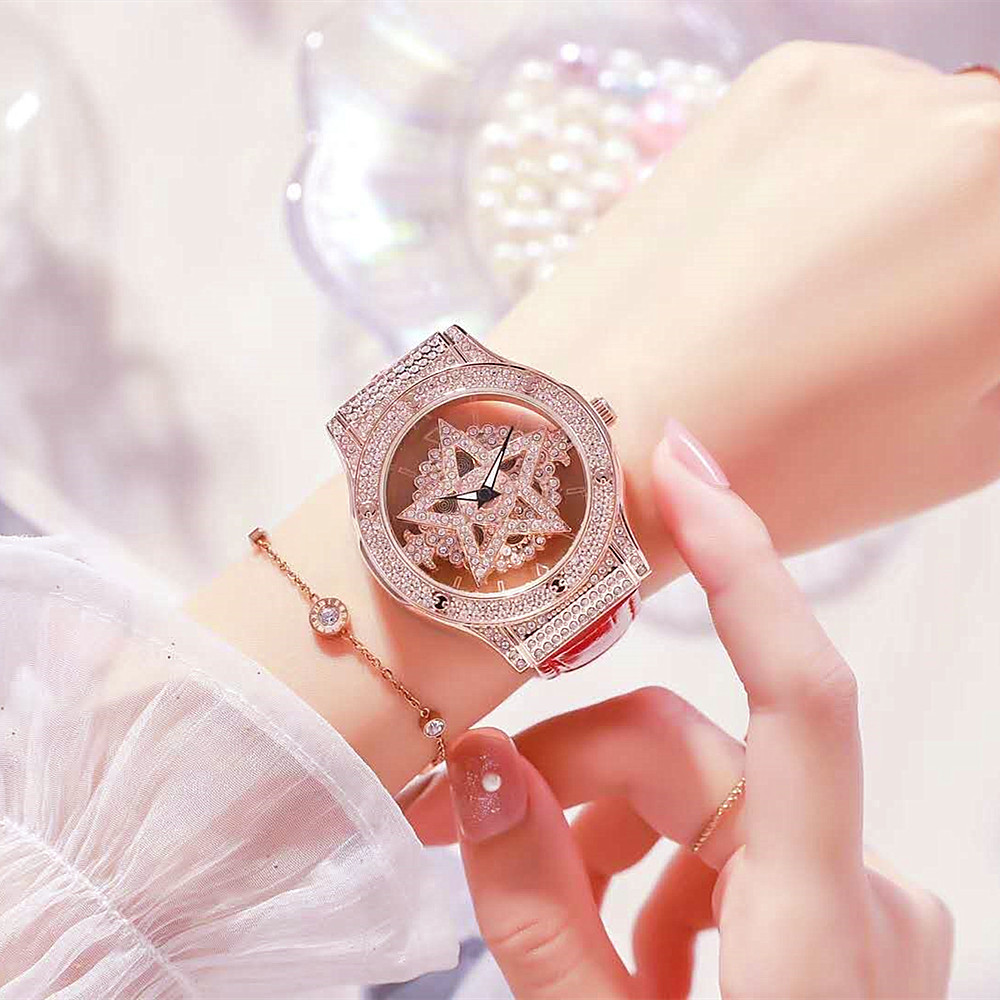 时尚时来运转新款正品手表女士石英防水真皮带手表镂空详情20