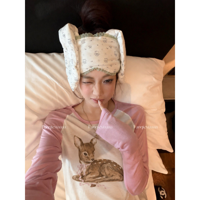In-stock Lyocell raglan sleeve printed long-sleeve T-shirt for women, summer and autumn, color-blocking, round neck, sun-protective, loose fit, niche style