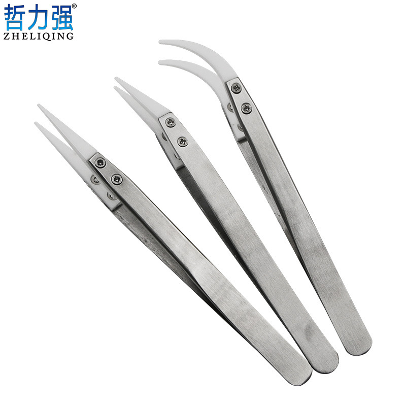 夹持耐高温氧化绝缘不锈钢夹子尖嘴弯头三件套维修工具陶瓷镊子