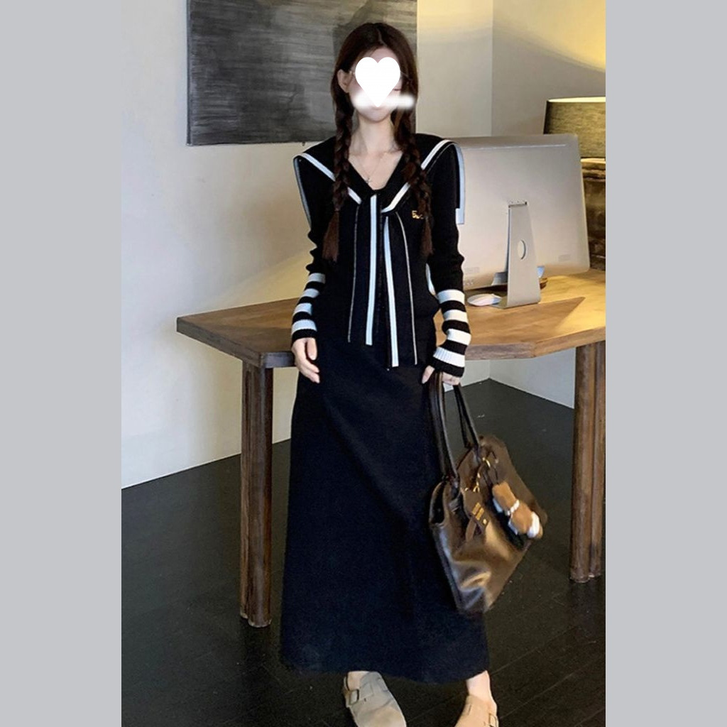 韩系学院风连衣裙女气质条纹海军领系带针织过膝长裙秋冬显瘦穿搭