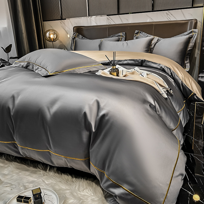 Funda de edredón de algodón de cuatro piezas de algodón de fibra larga, funda de edredón de verano individual de algodón de fibra larga, ropa de cama de alta calidad de lujo ligero