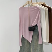 法式韩系一字肩露肩薄款长袖针织衫2025韩版不对称修身打底衫上衣