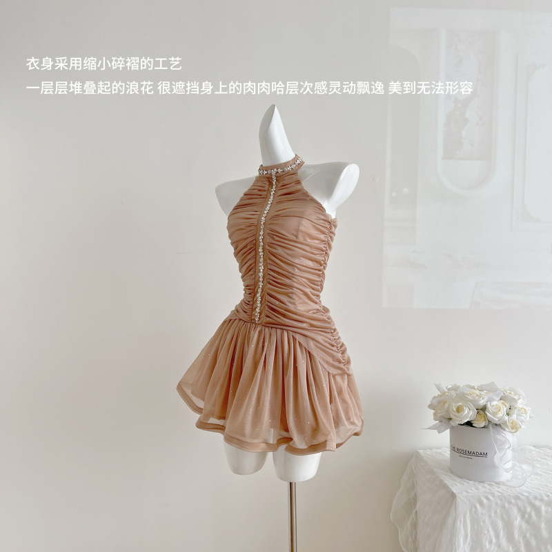 昕可达 越南小众设计圆领钻钻珠闪闪修身时尚轻奢名媛连衣裙