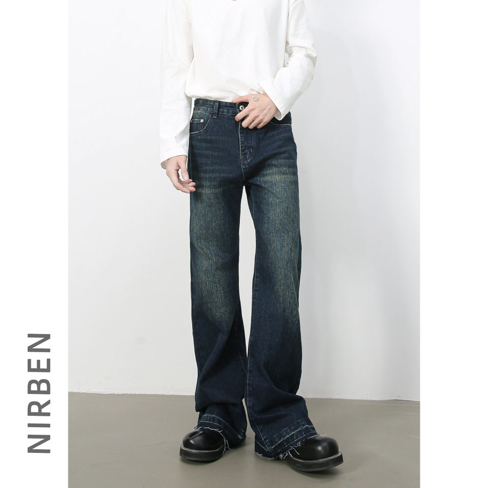 Quần jean nam ống loe nhẹ kiểu Mỹ, quần dài denim thoải mái — màu xanh