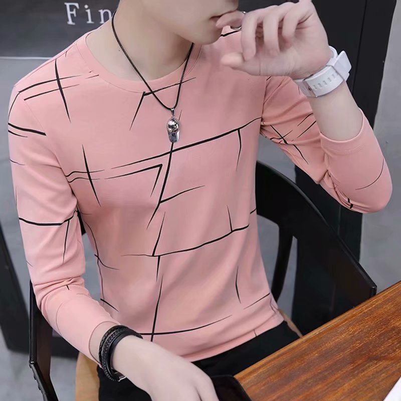 Otoño manga larga Camiseta de rayas de los hombres cuello redondo estilo coreano slim fit ropa de hombre de otoño de los hombres de manga larga Camiseta de fondo