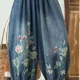 民族风重工刺绣灯笼裤女大码宽松遮肉显瘦洋气高腰哈伦裤牛仔裤
