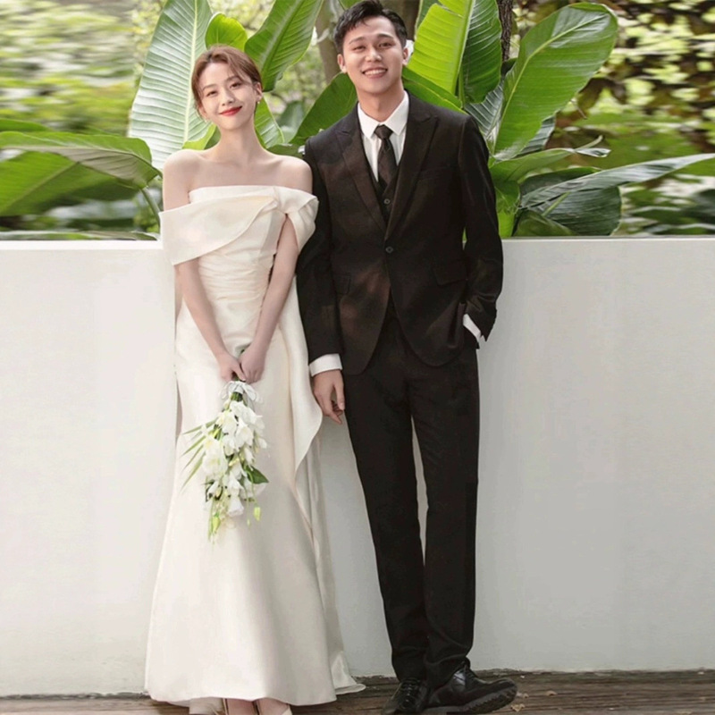 Couple Photo Wedding Dress 2025 New One-Shoulder Bridal Engagement Dress Simple and High-End