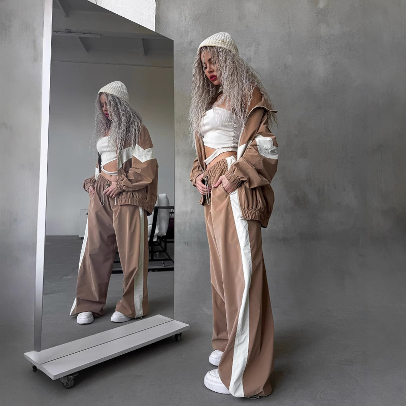 Fashion Casual Amazon Women's Clothing Cross-Border European and American Long-Sleeved Contrasting Sports Cardigan Trousers Suit Street Style Suit