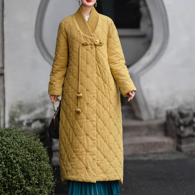 2024冬季棉麻国风长款棉服绗棉宽松中式文艺女士盘扣加厚棉衣