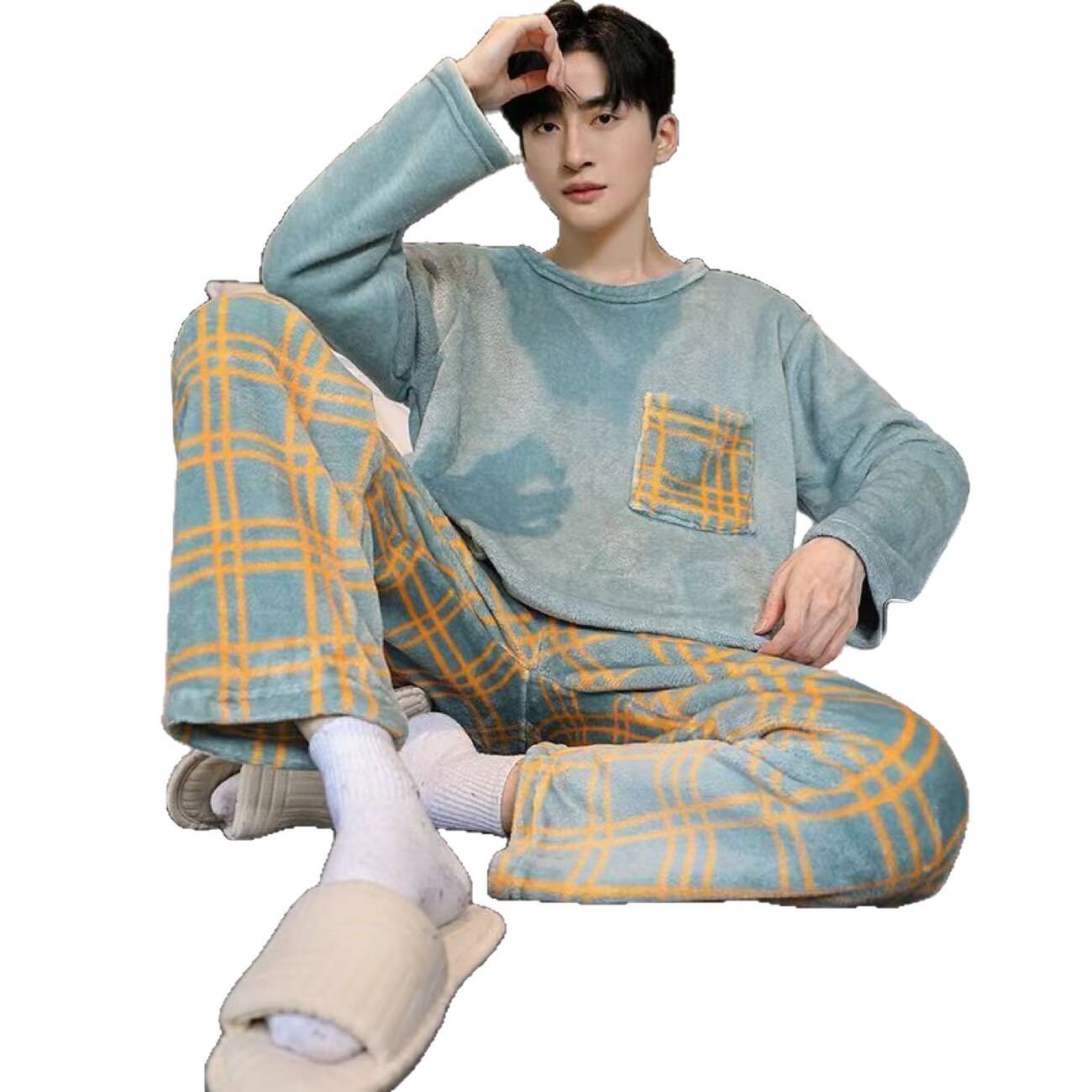 2025 otoño y invierno pijama hombre manga larga abrigo chaqueta de franela casual simple coral conjunto de ropa para el hogar