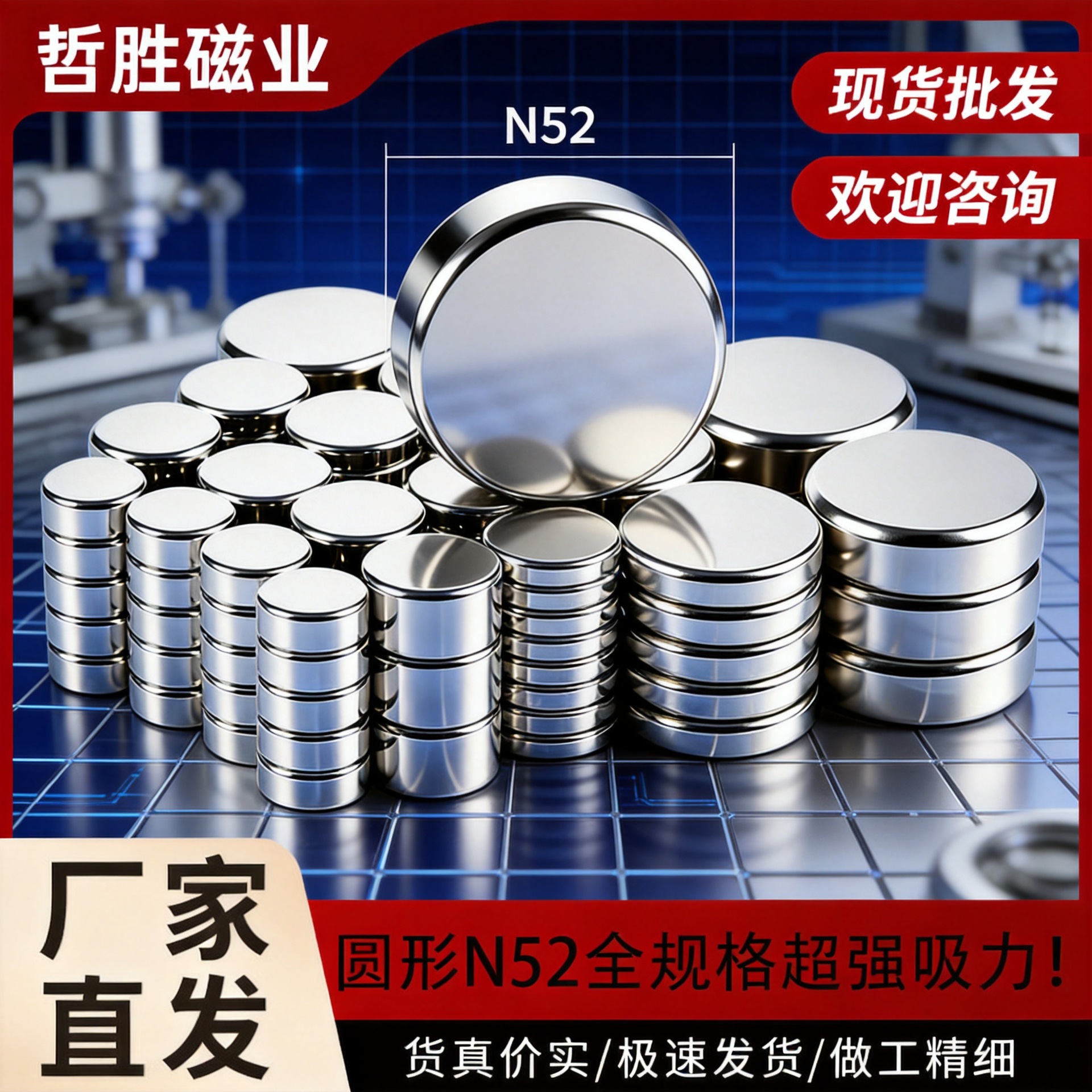 厂家直供N52性能强磁标准尺寸现货强力磁铁圆形磁铁片强磁吸铁石