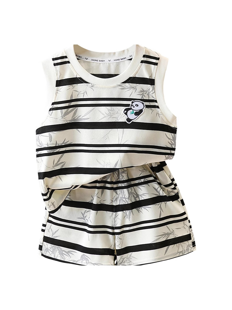 Conjunto Infantil a Rayas 7373, Nuevo Estilo 2026, Chaleco sin Mangas con Diseño de Panda para Niños, Conjunto de Dos Piezas Moderno para Bebés en Verano