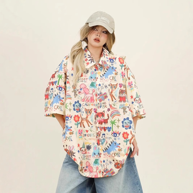 Cartoon Print Short-sleeved Shirt Women's 2025 Summer New Loose Bf Style American Style Retro Casual All-match Trendy Top