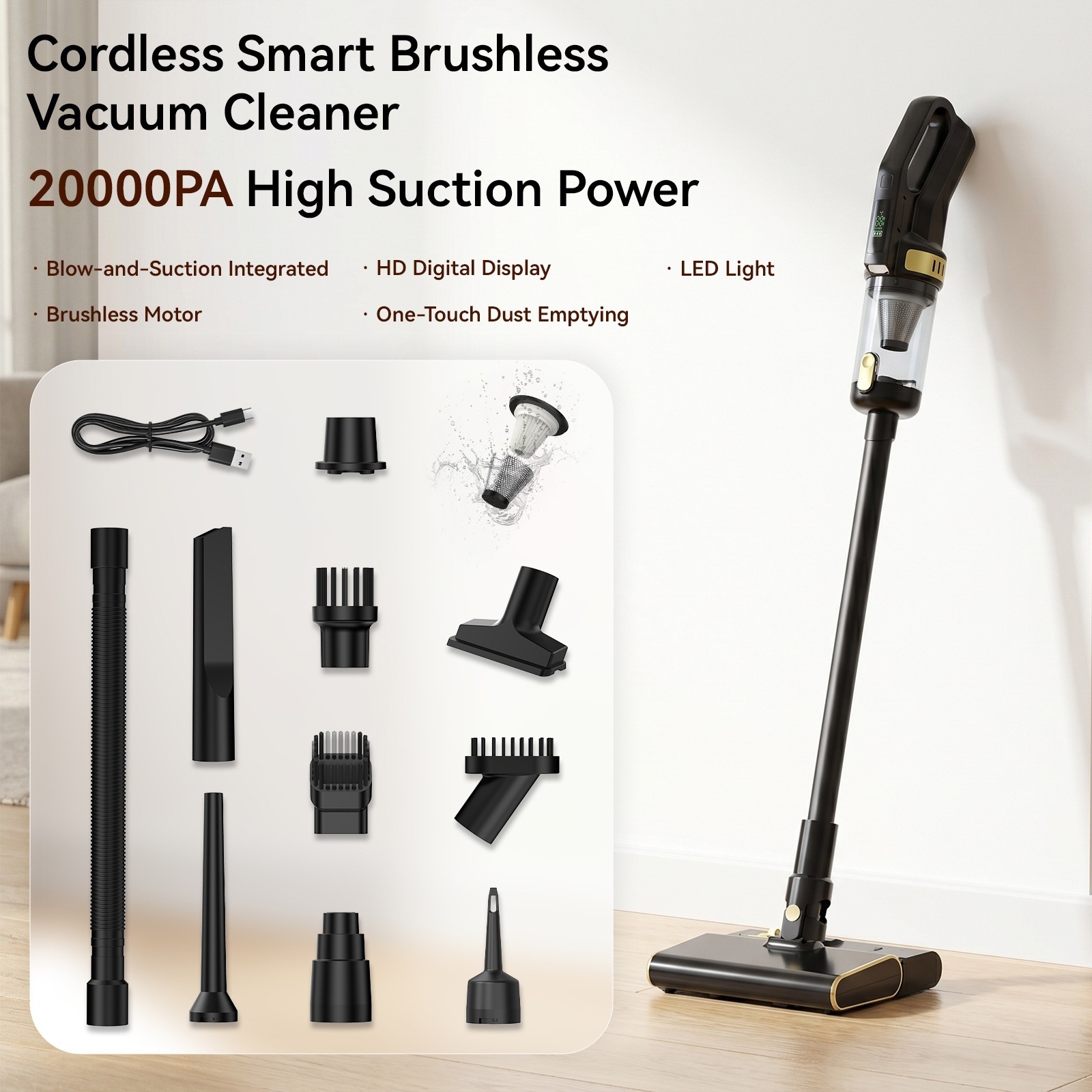 Car-mounted wireless vacuum cleaner, handheld portable digital display floor mop, multifunctional dust-absorbing and air-blowing device for home and car use