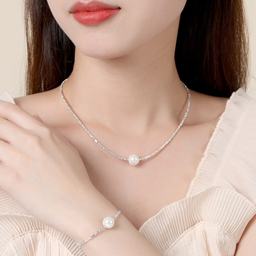 High-end broken silver couplet necklace bracelet set sterling silver S925 pearl set retro temperament wholesale internet celebrity