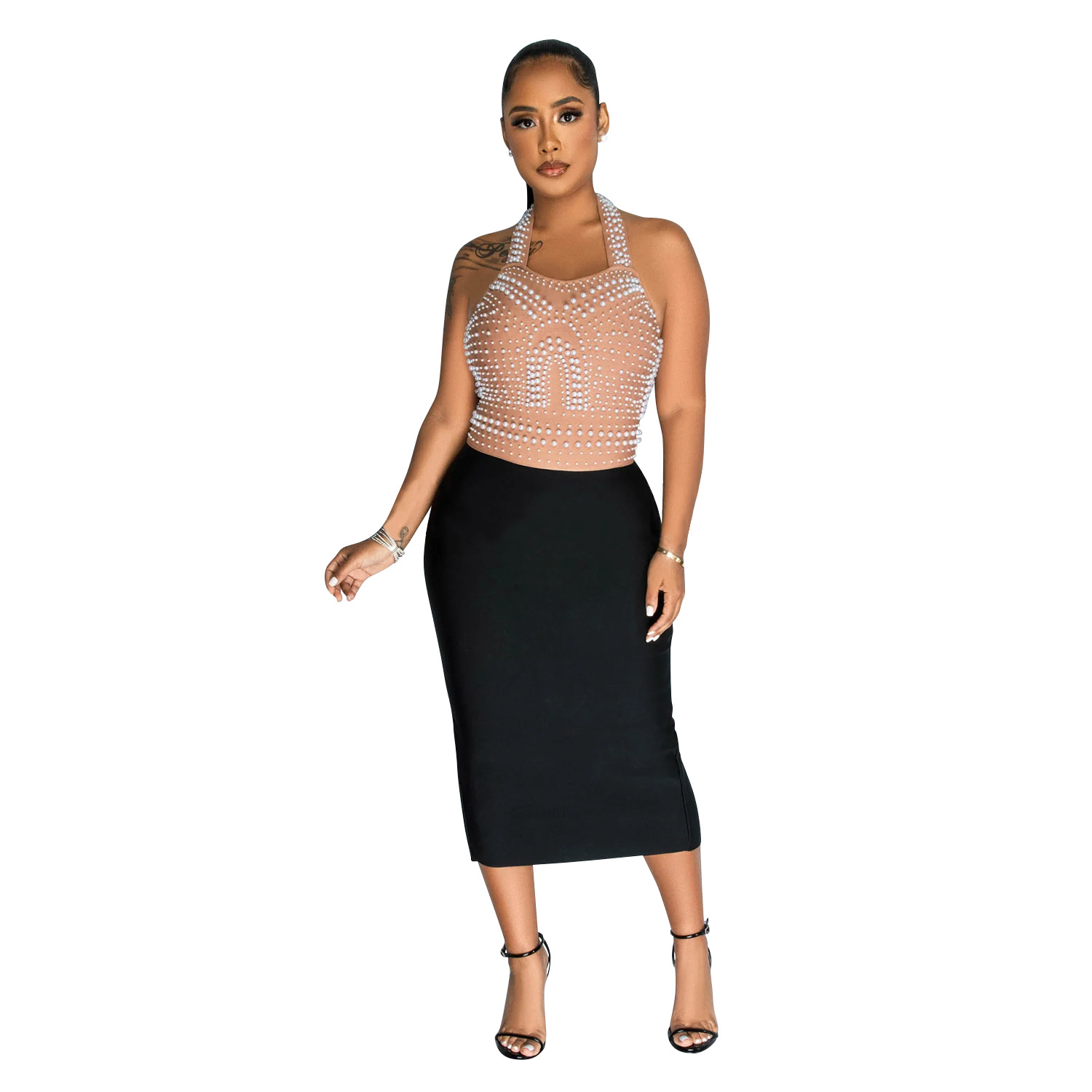 C6873 transfronteriza AliExpress Amazon de moda europea y americana de las mujeres de color sólido de malla rhinestone vestido Halter vestido image 5