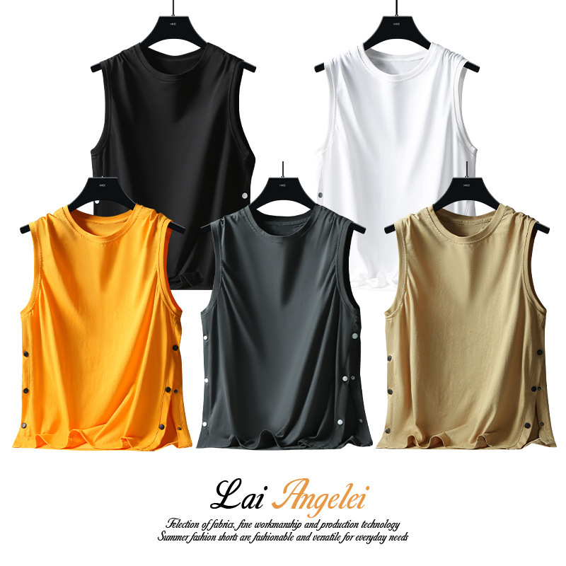 Double Yarn 100% Cotton 200g Summer Men's Vest T-Shirt Hong Kong Style Loose Trendy Brand Sleeveless Buttoned Short-Sleeved T-Shirt