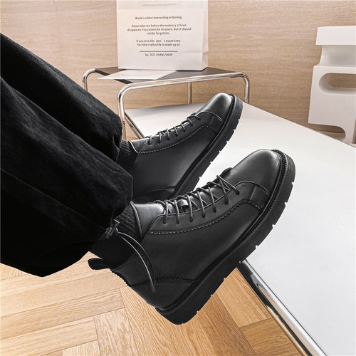 2020 Winter Strapless Solid Color Men's Casual Black Round Toe Flat Martin Boots D13-W