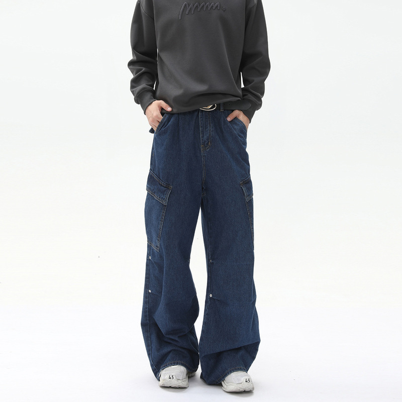 Mtlclothes Men's Clothing | High Street Heavy-Duty Deconstructed Splicing Three-Dimensional Multi-Pocket Drape Wide-Leg Cargo Jeans