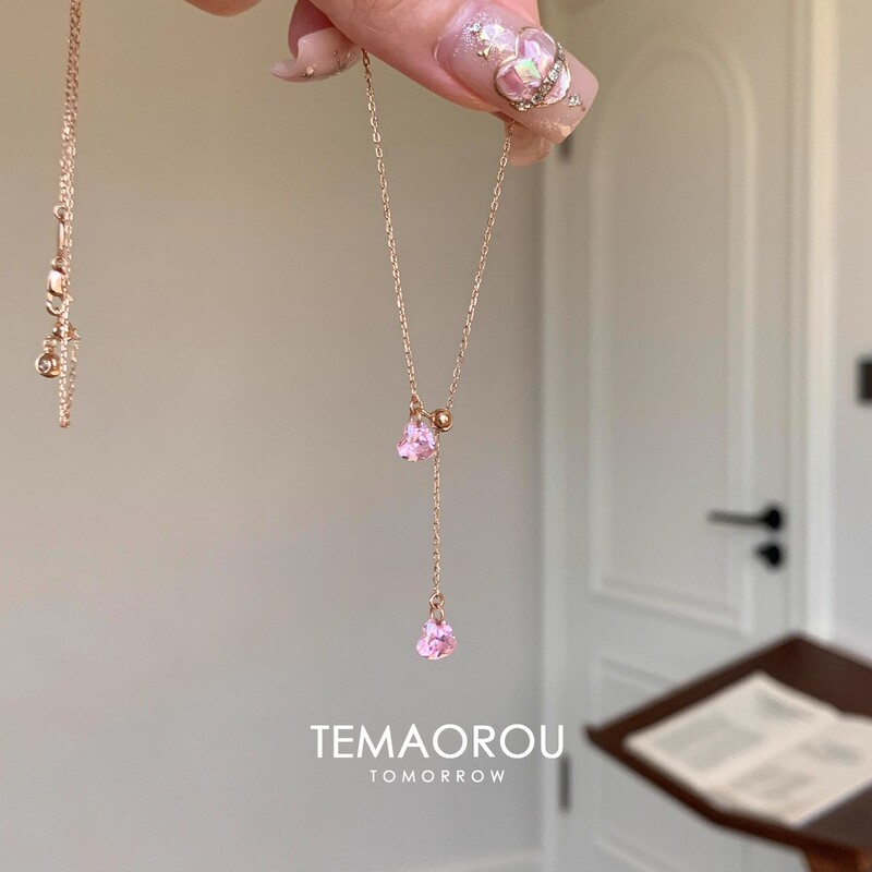 Super Cute! Japanese-Style Exquisite Rose Gold Thin Chain Double Pink Sparkling Diamond Heart Pendant Pull Necklace Sweater Chain