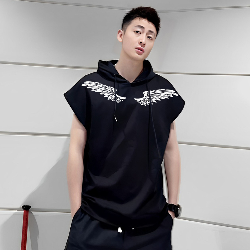 Trendy brand sleeveless hooded vest men's summer quick-drying fitness hoodie training running sports waistcoat T-shirt cross-border wholesale