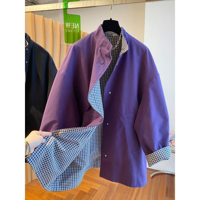 新品大码斤欧货两面穿风衣外套女中长款紫宽松立领格子大衣|undefined